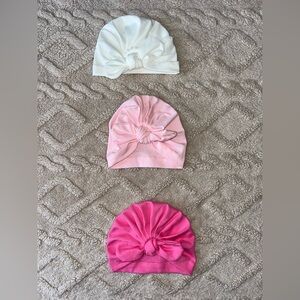 Baby Girl Hat Bundle - Lightweight Tie Knot Bow Beanies, Pink & White, Lot Of 3